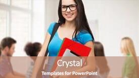  Presentation with education technology - PPT theme consisting of education technology and people concept - smiling student wearing black eyeglasses with bag folders and tablet pc computer standing background and a coral colored foreground