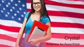  Presentation with technology education - Colorful PPT theme enhanced with education technology and people concept - smiling student in black glasses with bag folders and tablet over american flag background backdrop and a coral colored foreground