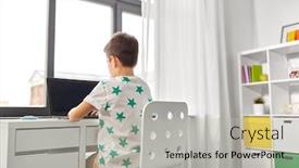  Presentation with technology education - Cool new PPT theme with education-technology-and-people-concept backdrop and a light gray colored foreground