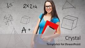  Presentation with education technology - Colorful slides enhanced with education technology and people concept - smiling student wearing black eyeglasses with bag folders and tablet pc computer standing backdrop and a light gray colored foreground