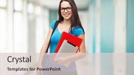  Presentation with education technology - Presentation theme having education technology and people concept - smiling student wearing black eyeglasses with bag folders and tablet pc computer standing background and a lemonade colored foreground