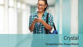  Presentation with technology education - Theme featuring education technology and people concept - smiling female african american student in eyeglasses with smartphone and bag background and a seafoam green colored foreground