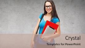  Presentation with education technology - Beautiful presentation featuring education technology and people concept - smiling student wearing black eyeglasses with bag folders and tablet pc computer standing backdrop and a coral colored foreground