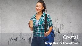  Presentation with technology education - Slides consisting of education technology and people concept - smiling female african american student with bag and take away coffee cup background and a ocean colored foreground