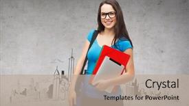  Presentation with technology education - Presentation theme having education technology and people concept - smiling student wearing black eyeglasses with bag folders and tablet pc computer standing background and a mint green colored foreground