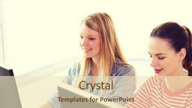  Presentation with school technology - PPT layouts featuring education technology and school concept - two smiling student girls in computer class background and a soft green colored foreground