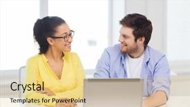  Presentation with technology education - Amazing PPT theme having education technology business startup and office concept - two smiling people with laptop in office backdrop and a blonde colored foreground