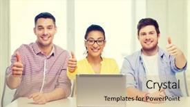  Presentation with technology education - Colorful slides enhanced with education technology business startup and office concept - three smiling colleagues with laptop in office showing thumbs up backdrop and a soft green colored foreground