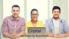  Presentation with education technology - Slides featuring education technology business startup and office concept - three smiling colleagues with laptop in office background and a coral colored foreground