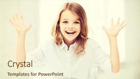  Presentation with school technology - Cool new slide set with education technology internet and school concept - laughing little student girl with tablet pc computer and hands up at school backdrop and a cream colored foreground