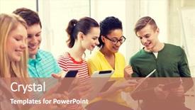  Presentation with technology students - Colorful slide set enhanced with education technology and internet concept backdrop and a coral colored foreground