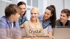  Presentation with technology students - Colorful slide set enhanced with education technology school and internet concept - group of smiling students with laptop and at school backdrop and a coral colored foreground