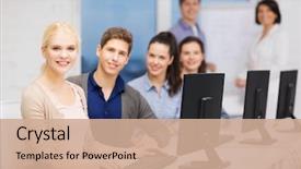  Presentation with monitor computer - Beautiful slide deck featuring education techology and internet concept backdrop and a coral colored foreground