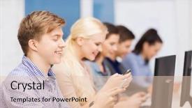  Presentation with monitor computer - Beautiful PPT theme featuring education techology and internet concept backdrop and a  colored foreground