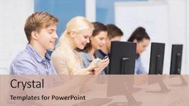  Presentation with smartphones - Audience pleasing presentation theme consisting of education techology and internet concept backdrop and a coral colored foreground