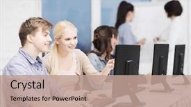  Presentation with monitor computer - Slides having education techology and internet concept background and a coral colored foreground