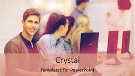  Presentation with monitor computer - Slide deck featuring education techology and internet concept background and a coral colored foreground