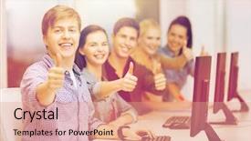  Presentation with monitor computer - PPT theme having education techology and internet concept background and a coral colored foreground