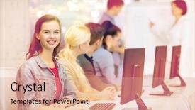  Presentation with new teacher - Colorful PPT theme enhanced with education techology school and internet backdrop and a  colored foreground