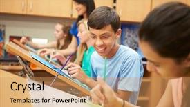  Presentation with high school - Colorful presentation theme enhanced with education teen - male pupil in high school backdrop and a coral colored foreground