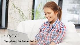  Presentation with cyber stalking computer laptop suffering - Slide set enhanced with close-up view of laughing girl and snowman with red scarf and hat during sunny winter day with fir forest on the background background and a soft green colored foreground