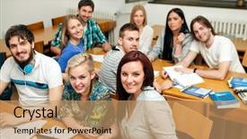  Presentation with class - Cool new PPT layouts with education test - group of smiling students backdrop and a  colored foreground