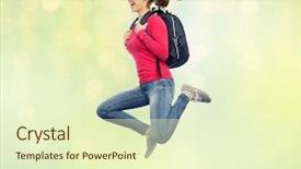  Presentation with green travel - PPT layouts having education travel tourism motion and people concept - smiling young woman or student with backpack jumping in air over summer green lights background background and a soft green colored foreground