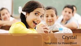  Presentation with school children - PPT theme having education water - children at school classroom background and a coral colored foreground