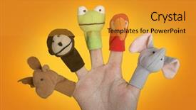  Presentation with fingers - Presentation theme enhanced with education yellow - female hand playing with puppets background and a gold colored foreground