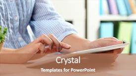  Presentation with using digital tablet - Beautiful presentation theme featuring educational background - woman using digital tablet backdrop and a  colored foreground