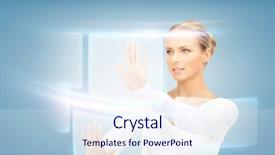  Presentation with multimedia - Presentation featuring educational multimedia - picture of attractive businesswoman touching background and a sky blue colored foreground