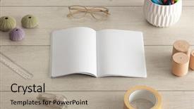  Presentation with wood tools - Beautiful slide deck featuring educational theme - empty notebook on wood floor backdrop and a mint green colored foreground