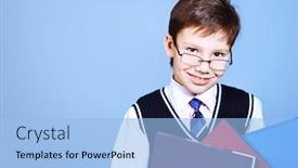  Presentation with educational - Theme consisting of educational theme portrait of a schoolboy with books studio shot over grey background background and a light blue colored foreground