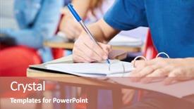  Presentation with focus group hands taking notes - Cool new presentation theme with dual - student taking notes in his backdrop and a coral colored foreground