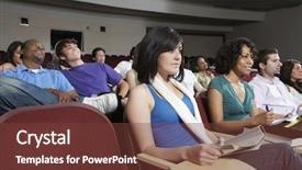  Presentation with mature students sitting at desks - Audience pleasing PPT theme consisting of eduction - students sitting in lecture theatre backdrop and a  colored foreground