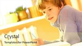  Presentation with homework - PPT layouts featuring edutainment - boy doing homework on bed background and a blonde colored foreground