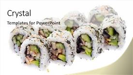  Presentation with organic farming and cucumber - Amazing PPT theme having eel cucumber and avocado rolls backdrop and a white colored foreground