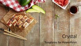  Presentation with salmon fish - Audience pleasing theme consisting of eel sushi roll with pickle backdrop and a coral colored foreground