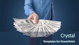  Presentation with bills - Amazing slide deck having efect - young businessman holding large amount backdrop and a ocean colored foreground