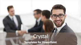  Presentation with business partner people joining hand - Audience pleasing PPT theme consisting of effectiveness up - business people shaking hands backdrop and a violet colored foreground