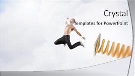  Presentation with flying - Slide set featuring effectiveness up - young man jumping on spring background and a  colored foreground