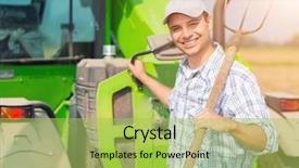  Presentation with modern agriculture - PPT theme enhanced with effects modern agriculture - smiling farmer at work background and a yellow colored foreground