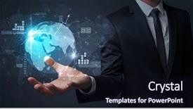  Presentation with information - Colorful slides enhanced with effects social networking - businessman handing transparent global information backdrop and a wine colored foreground