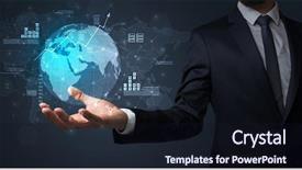  Presentation with information - PPT theme enhanced with effects social networking - businessman handing transparent global information background and a wine colored foreground