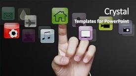  Presentation with touch screen - Presentation theme having effects social networking - hand pushing on a touch background and a dark gray colored foreground