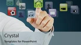  Presentation with touch screen - Amazing slides having effects social networking - hand pushing on a touch backdrop and a light blue colored foreground