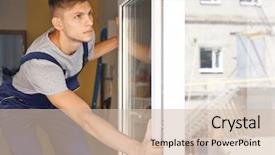  Presentation with house window frame - Slide set consisting of efficient workers - construction worker installing window background and a soft green colored foreground
