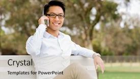  Presentation with outdoors - Slides having efficient city - businessman portrait with mobile phone background and a mint green colored foreground