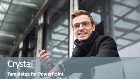  Presentation with business near shoring - Cool new slides with efficient city - smiling business man with phone backdrop and a  colored foreground