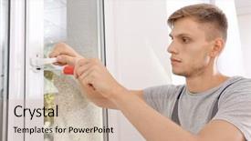  Presentation with construction - PPT theme with efficient workers - construction worker repairing window handle background and a soft green colored foreground